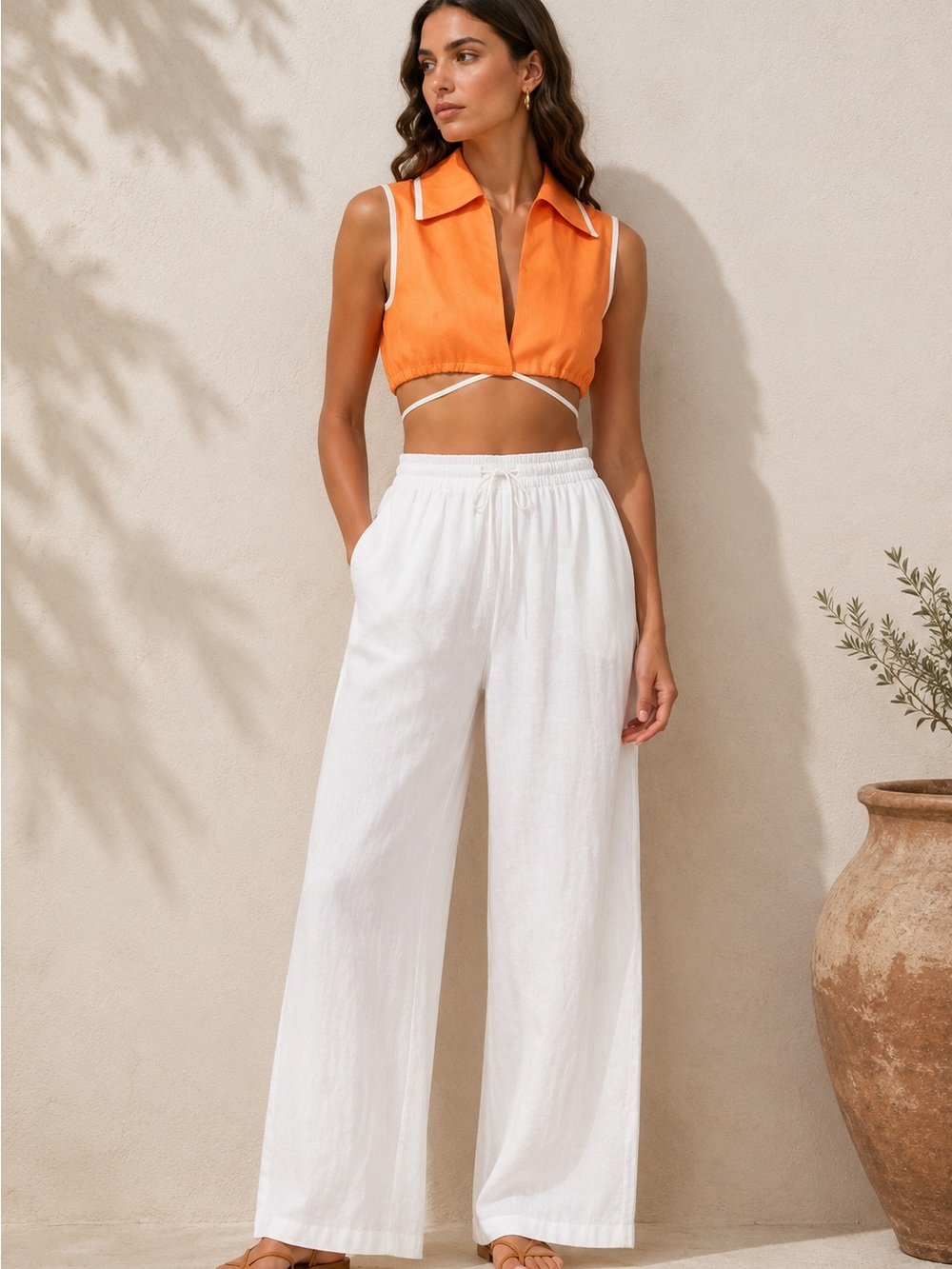 Matthew Bruch Orange Linen Cropped Wrap Top | Contrast Trim Resort Crop Blouse
